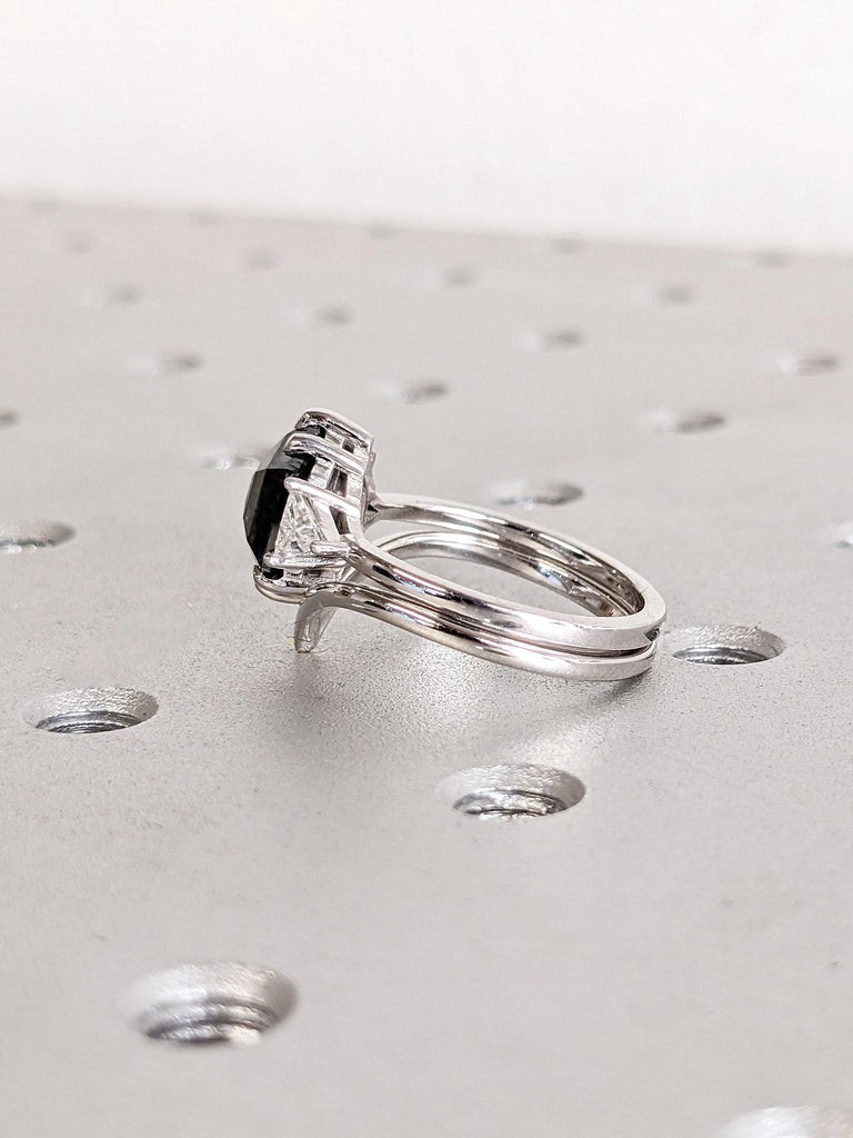 Hexagon cut Salt and Pepper Black Diamond Engagement Ring Set | Chevron Stacking Ring | Comfort Fit 14k 18k Gold Ring | Woman Bridal Set