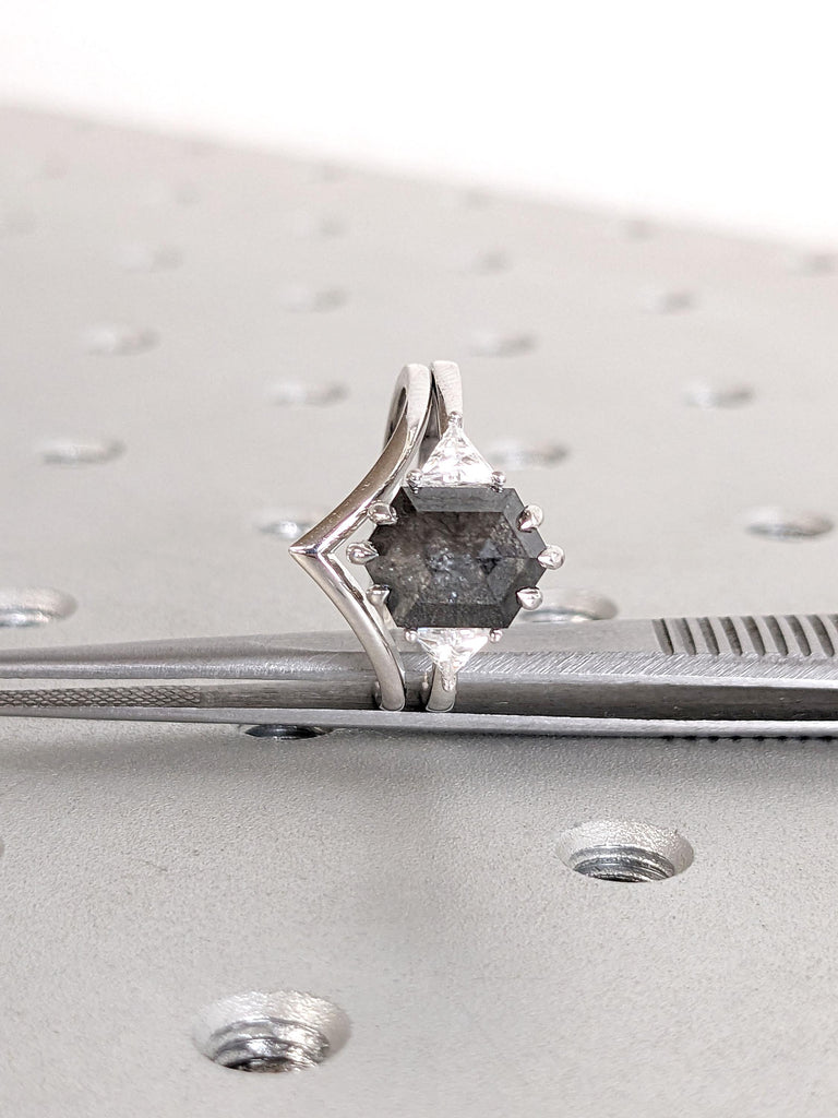 Triangle cut Natural Diamond Ring | Geometrical Engagement Ring | Natural Black Diamond Ring | Three Stone Diamond Engagement Ring | Chevron Stacking Ring