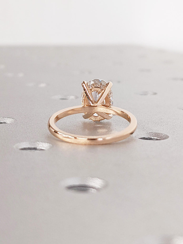 14K Rose Gold Oval Lab Grown Diamond Engagement Ring, Moissanite Pavé Hidden Halo Ring, Thin Band Wedding Jewelry, Handmade Promise Ring