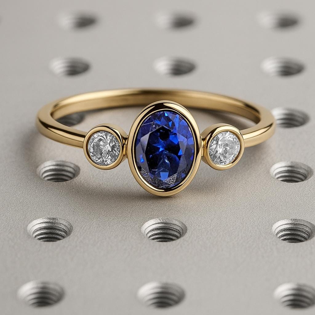 Oval Blue Sapphire Ring, Bezel Set Lab Sapphire Ring, 14K Yellow Gold Blue Sapphire Engagement Ring, Three Stone Ring, September Birthstone Promise Ring