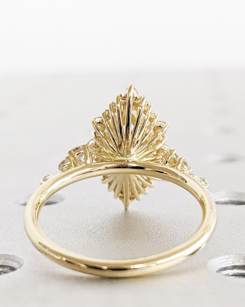 14K Yellow Gold Sunburst Diamond Halo Engagement Ring, Lab Created Diamond Cluster Ring, Marquise & Round cut Simulated Diamond Band Vintage image #4