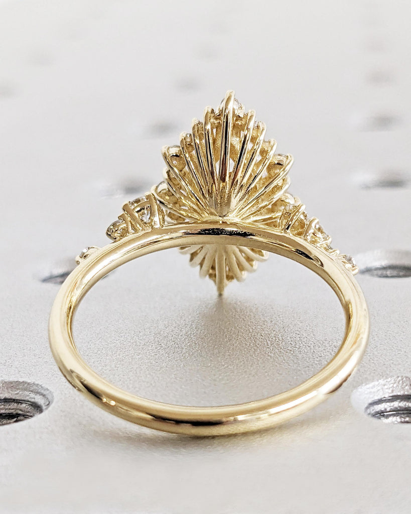 14K Yellow Gold Sunburst Diamond Halo Engagement Ring, Lab Created Diamond Cluster Ring, Marquise & Round cut Simulated Diamond Band Vintage image #5