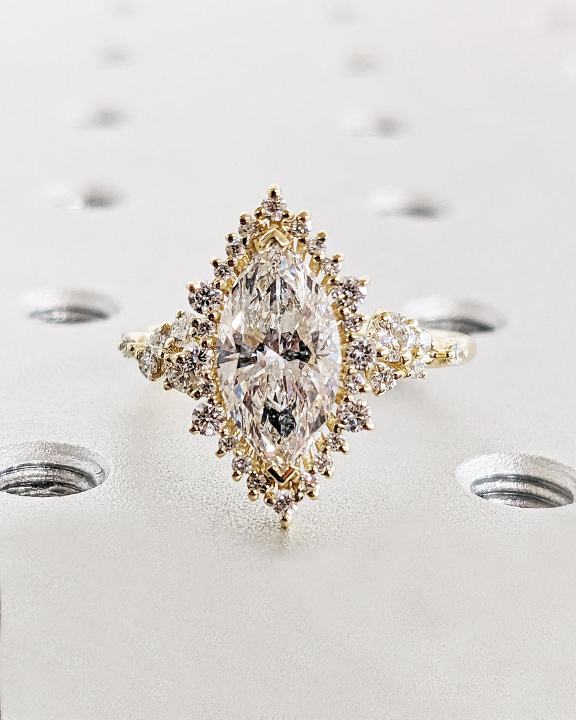 14K Yellow Gold Sunburst Diamond Halo Engagement Ring, Lab Created Diamond Cluster Ring, Marquise & Round cut Simulated Diamond Band Vintage image #7
