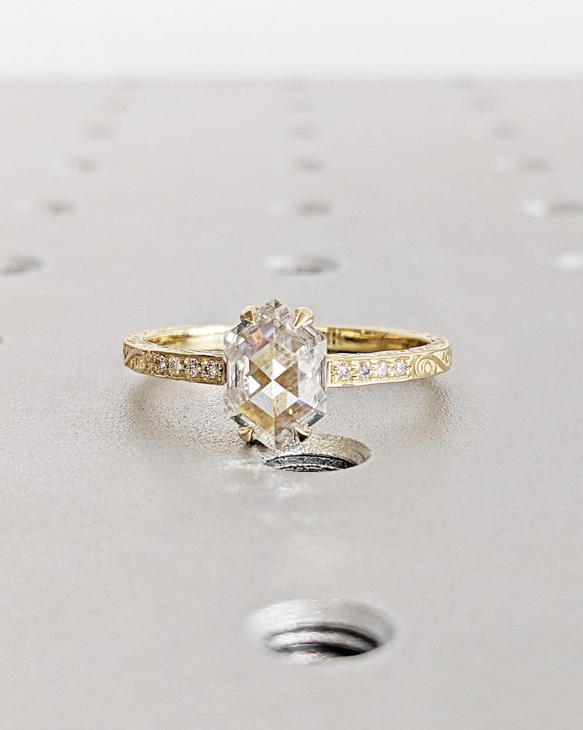 Vintage Moissanite Engagement Ring, Hexagon Cut Moissanite Promise Ring, 14K Yellow Gold Rose Cut Solitaire Filigree Engraving Wedding Band
