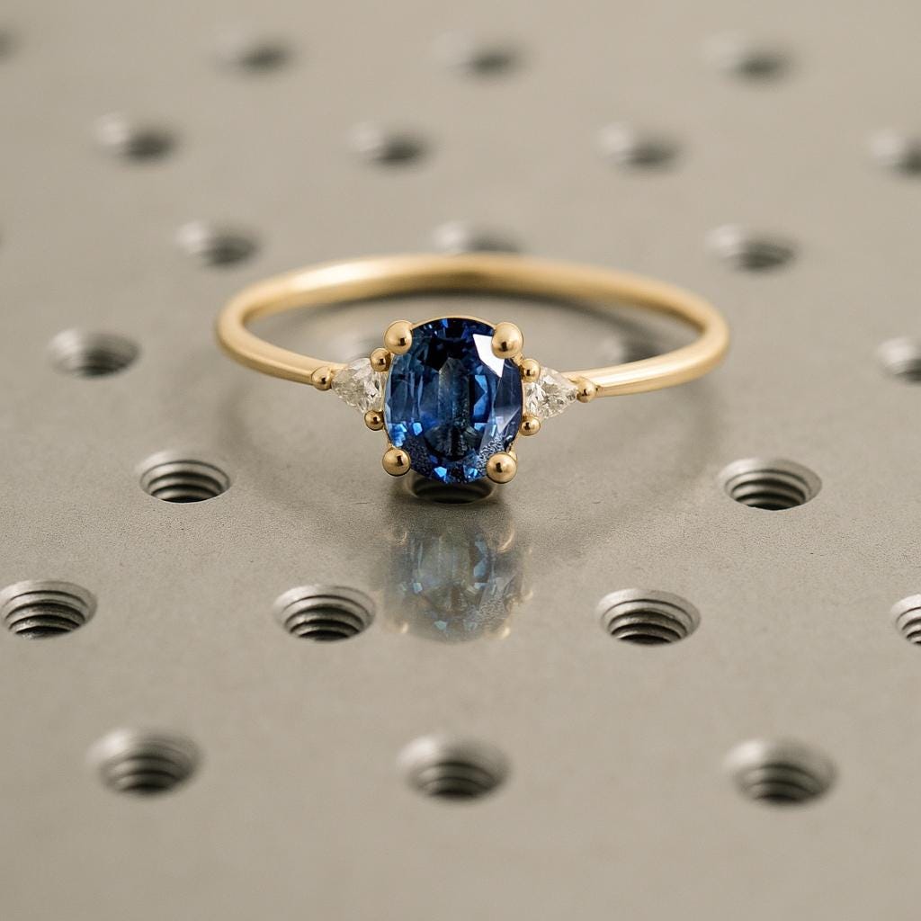 Lab Sapphire Ring, Oval Engagement Ring, Art Deco 14k Solid Gold Ring