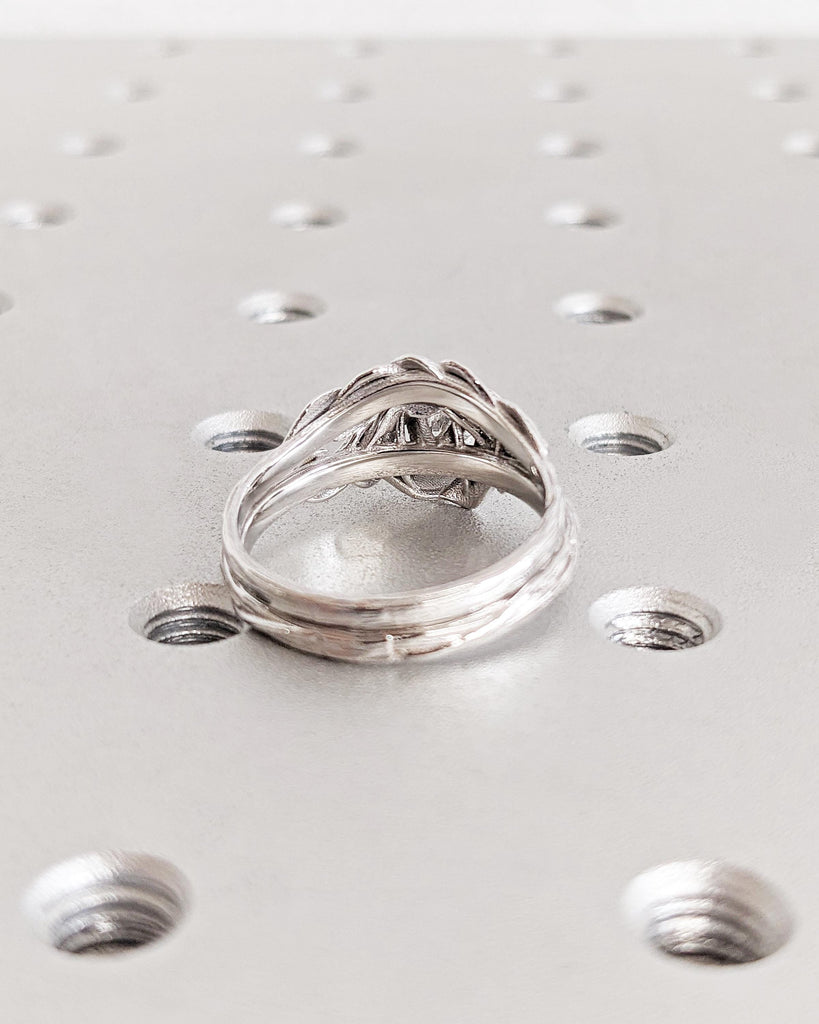 Nature Inspired Moissanite Engagement Ring Set, Leaves Band Round Moissanite Wedding Ring Set, Vine Branch Alternative Engagement Bridal Set