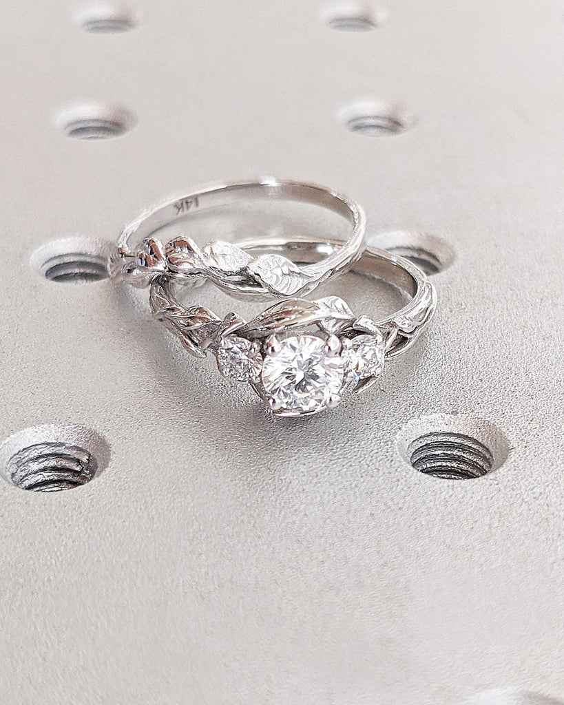 Nature Inspired Moissanite Engagement Ring Set, Leaves Band Round Moissanite Wedding Ring Set, Vine Branch Alternative Engagement Bridal Set