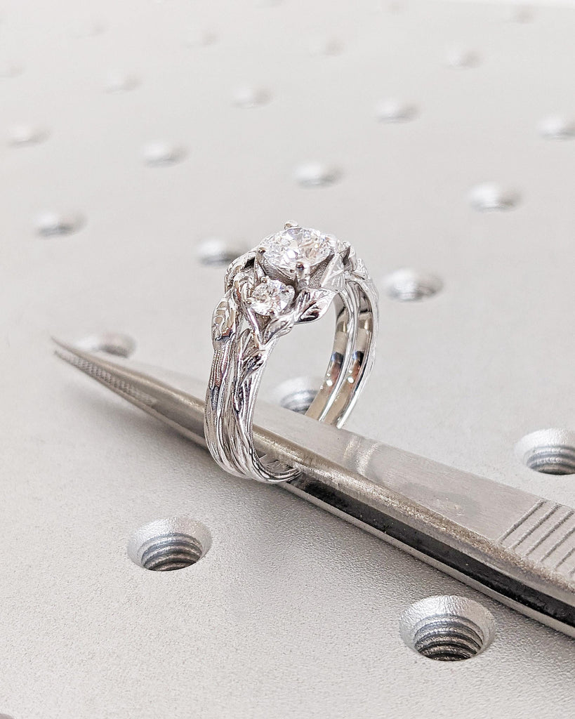 Moissanite Nature Engagement Ring Set, Leaf Tree Branch Wedding Ring Set, 14K White Gold Nature Promise Ring Set, Anniversary Ring for Women