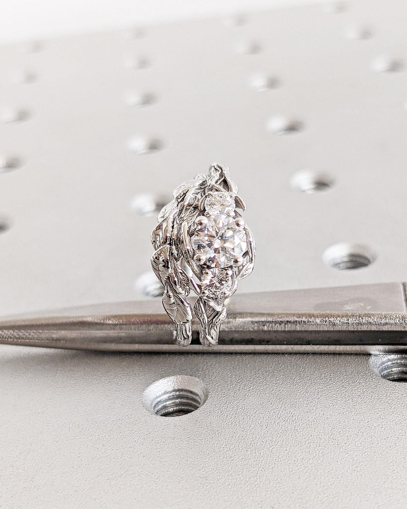 Moissanite Nature Engagement Ring Set, Leaf Tree Branch Wedding Ring Set, 14K White Gold Nature Promise Ring Set, Anniversary Ring for Women