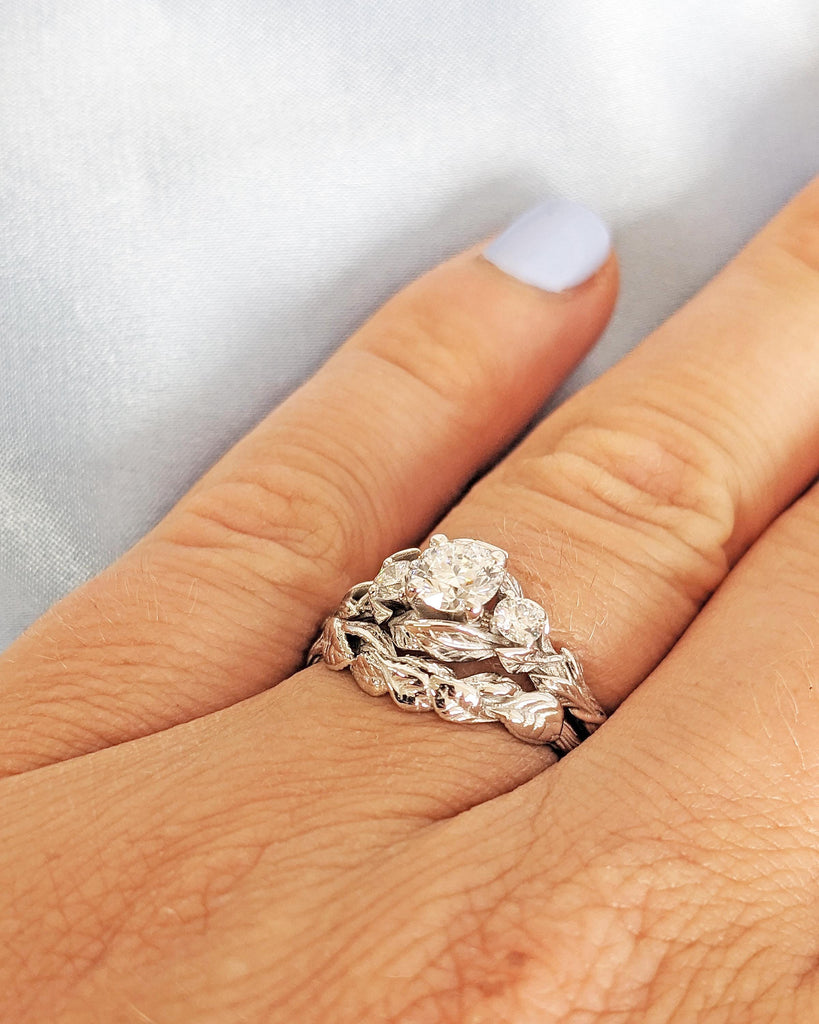 Moissanite Nature Engagement Ring Set, Leaf Tree Branch Wedding Ring Set, 14K White Gold Nature Promise Ring Set, Anniversary Ring for Women