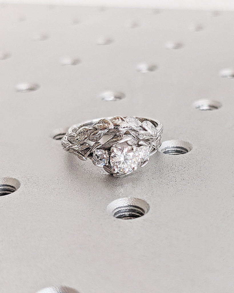 Nature Inspired Lab Grown Diamond Engagement Ring Set Vine Branch Leaf Band Round Lab Diamond Wedding Ring Alternative Engagement Bridal Set