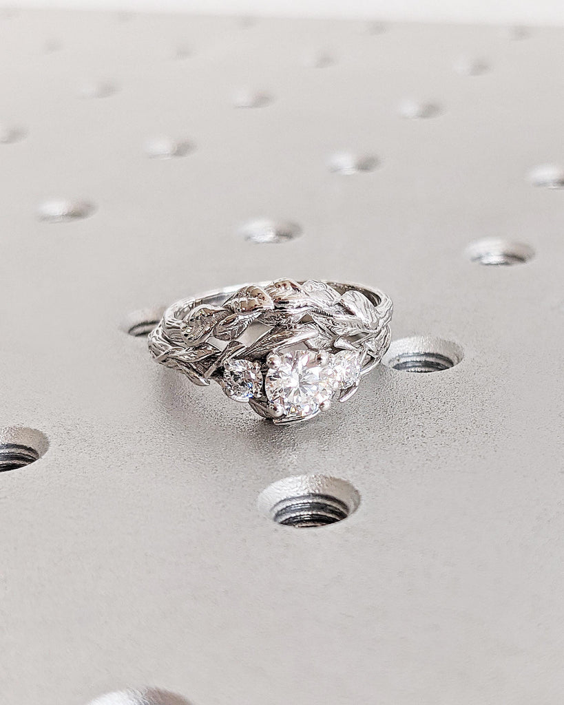 Nature Inspired Moissanite Engagement Ring Set, Leaves Band Round Moissanite Wedding Ring Set, Vine Branch Alternative Engagement Bridal Set