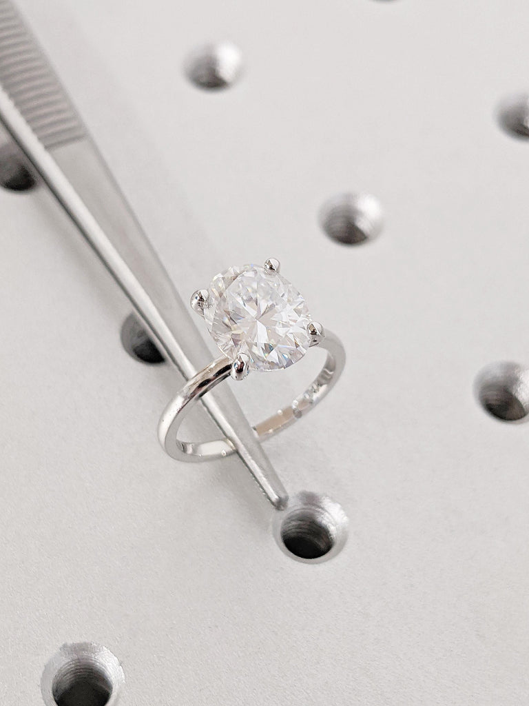 14K White Gold Oval Moissanite Engagement Ring, Minimalist Thin Solitaire Wedding Ring, Traditional Proposal Ring, Anniversary Gift for Her