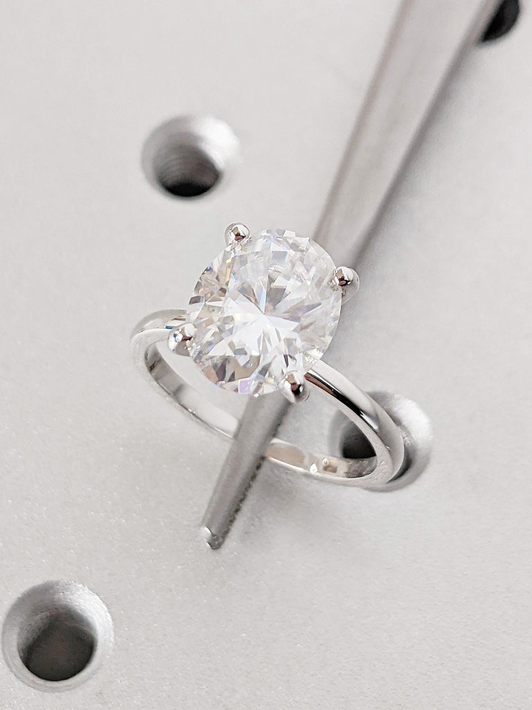 14K White Gold Oval Moissanite Engagement Ring, Minimalist Thin Solitaire Wedding Ring, Traditional Proposal Ring, Anniversary Gift for Her