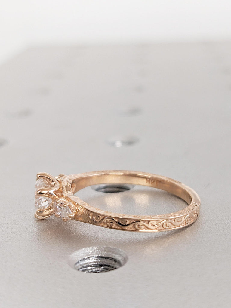 Round and Marquise Lab Grown Diamond Engagement Ring, Three Stone Ring, Art Deco Wedding Ring, Lab Grown Diamond Ring, 14K Rose Gold Ring image #10