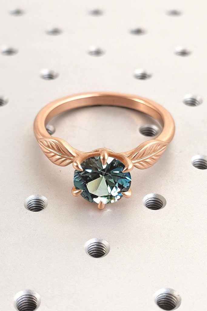 Nature Inspired Teal Sapphire Engagement Ring | 1ct Round Sapphire Ring | 14k 18k Solid Gold Bridal Ring Women | Unique Leaf Ring Jewelry