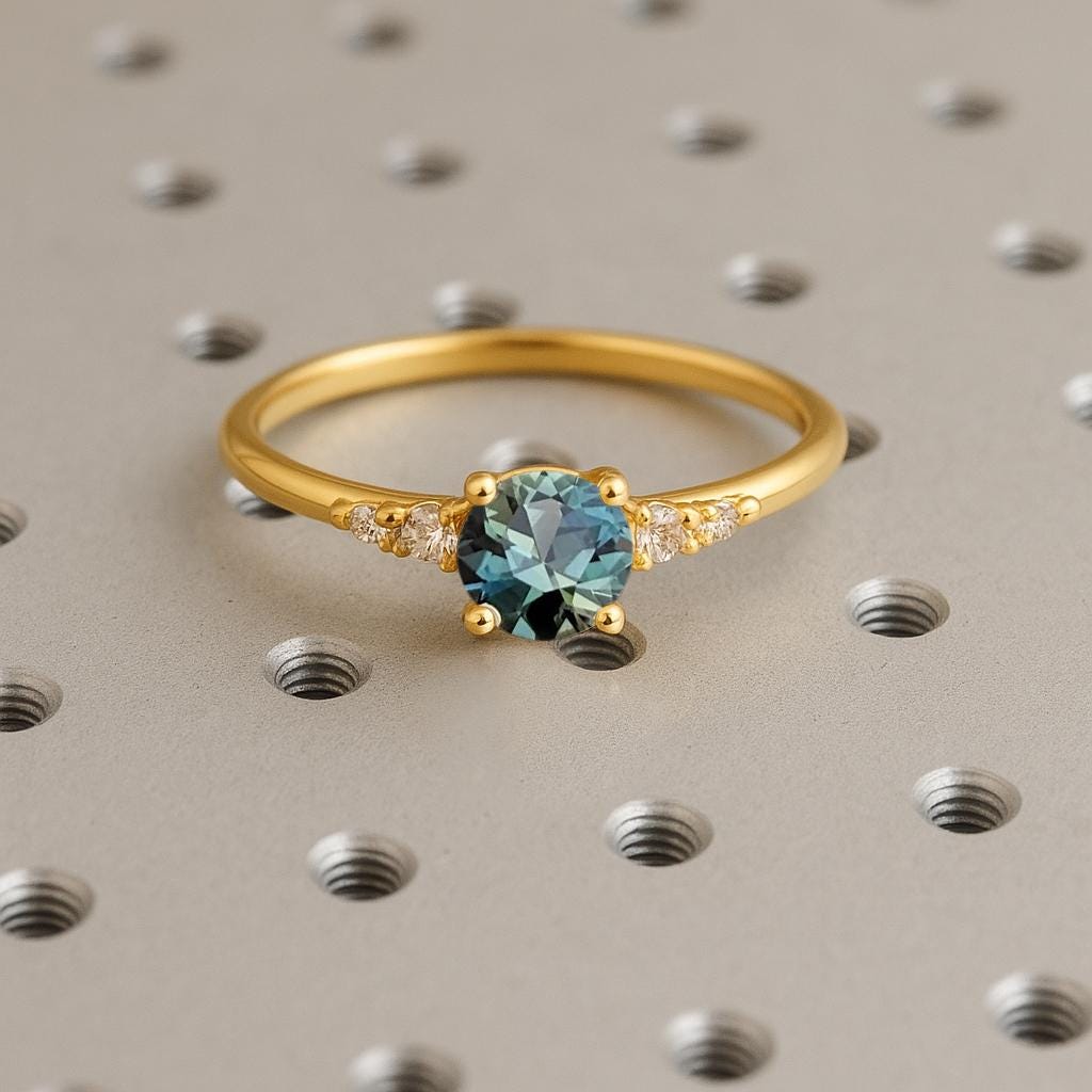 Round Cut Peacock Sapphire Engagement Ring, 14k Solid Gold Ring, Blue Green Sapphire Ring