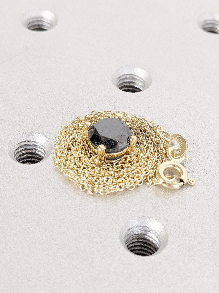 Salt & Pepper Diamond Necklace, 14k Solid Yellow Gold Diamond Necklace, Dainty Bridal Solitaire Necklace, Cosmic Necklace, Vintage Pendant