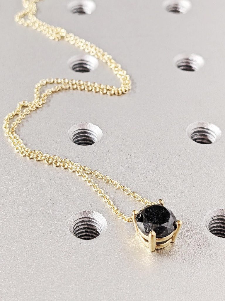 Salt & Pepper Diamond Necklace, 14k Solid Yellow Gold Diamond Necklace, Dainty Bridal Solitaire Necklace, Cosmic Necklace, Vintage Pendant