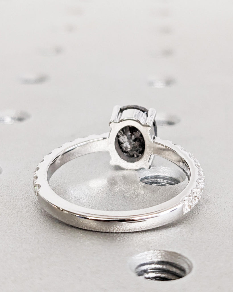 Oval Salt and Pepper Diamond Engagement Ring | Galaxy Salt and Pepper Diamond | Moissanite/Diamond Accent | Unique Promise Ring | White Gold