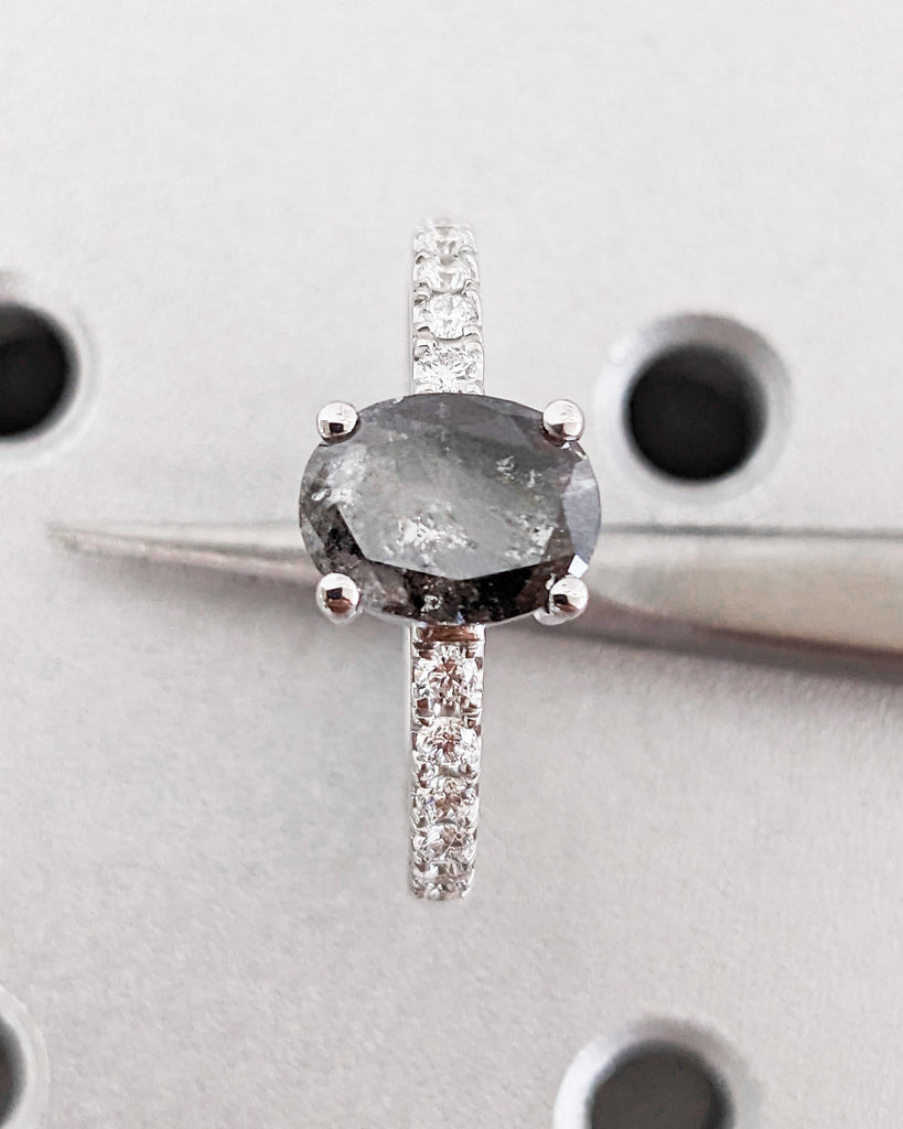Salt and Pepper Diamond Engagement Ring, Oval Salt and Pepper Diamond Ring, Unique Engagement Ring, 14K 18K White Gold Diamond Ring for Her