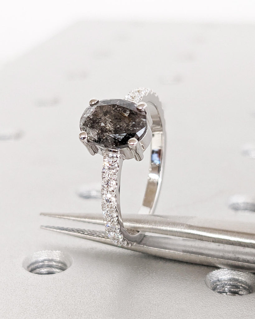 Oval cut Salt and Pepper Diamond Engagement Ring, Galaxy Salt and Pepper Diamond, Moissanite or Diamond Accents, Unique Promise Ring for Her, White Gold Ring