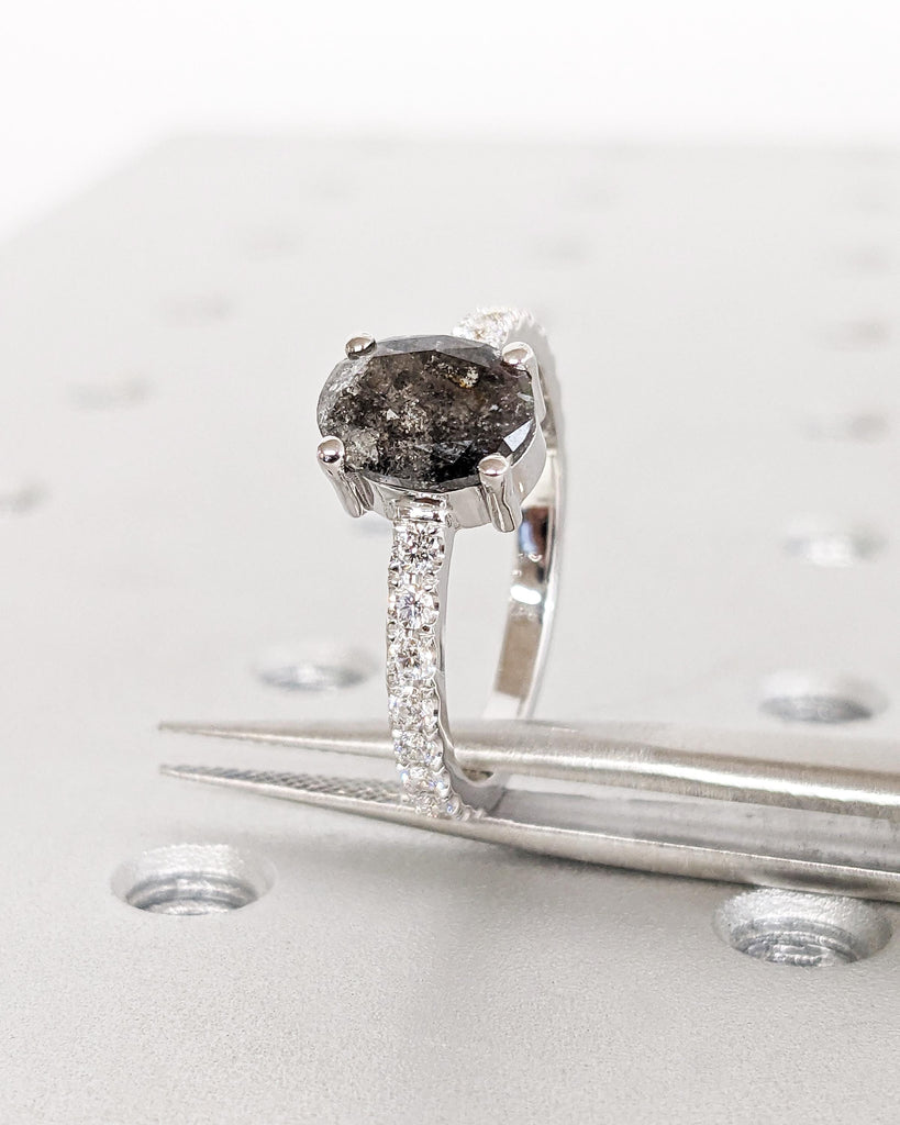 Oval Salt and Pepper Diamond Engagement Ring | Galaxy Salt and Pepper Diamond | Moissanite/Diamond Accent | Unique Promise Ring | White Gold