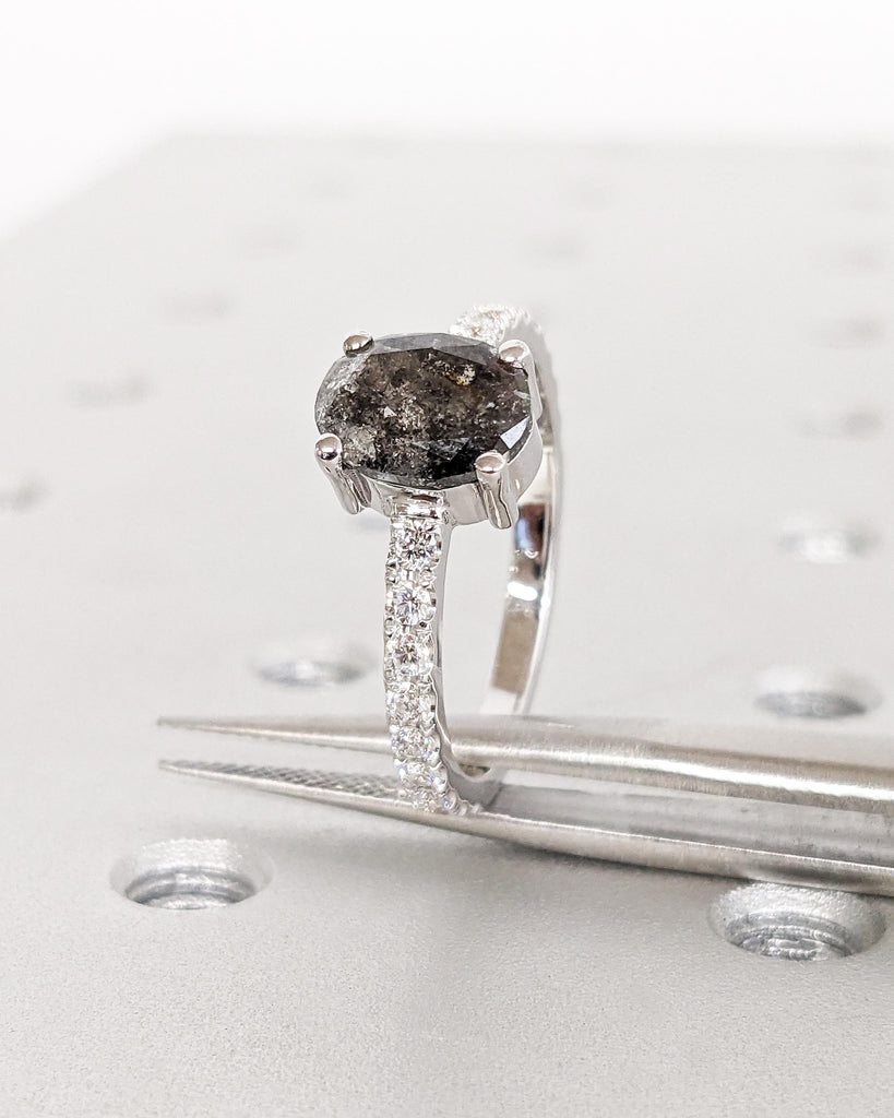 Salt and Pepper Diamond Engagement Ring, Oval Salt and Pepper Diamond Ring, Unique Engagement Ring, 14K 18K White Gold Diamond Ring for Her