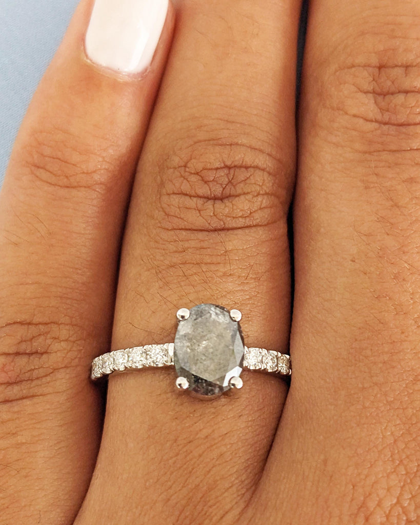 Salt and Pepper Diamond Engagement Ring, Oval Salt and Pepper Diamond Ring, Unique Engagement Ring, 14K 18K White Gold Diamond Ring for Her