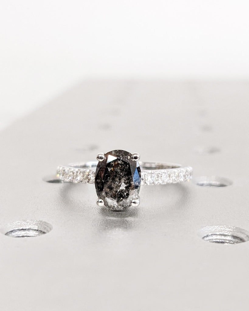 Oval Salt and Pepper Diamond Engagement Ring | Galaxy Salt and Pepper Diamond | Moissanite/Diamond Accent | Unique Promise Ring | White Gold