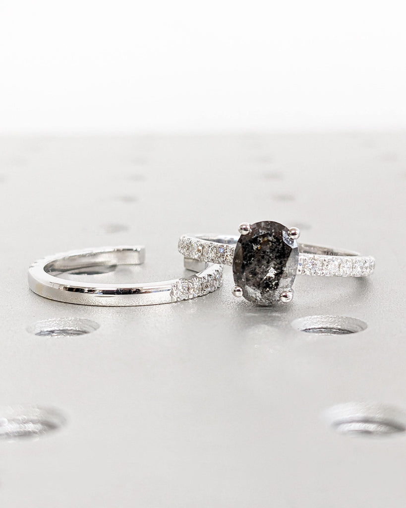 1920's Oval Salt and Pepper Diamond Ring Set | Unique Engagement Ring Set | Vintage Wedding Ring Set | 18K White Gold | Diamond Wedding Band