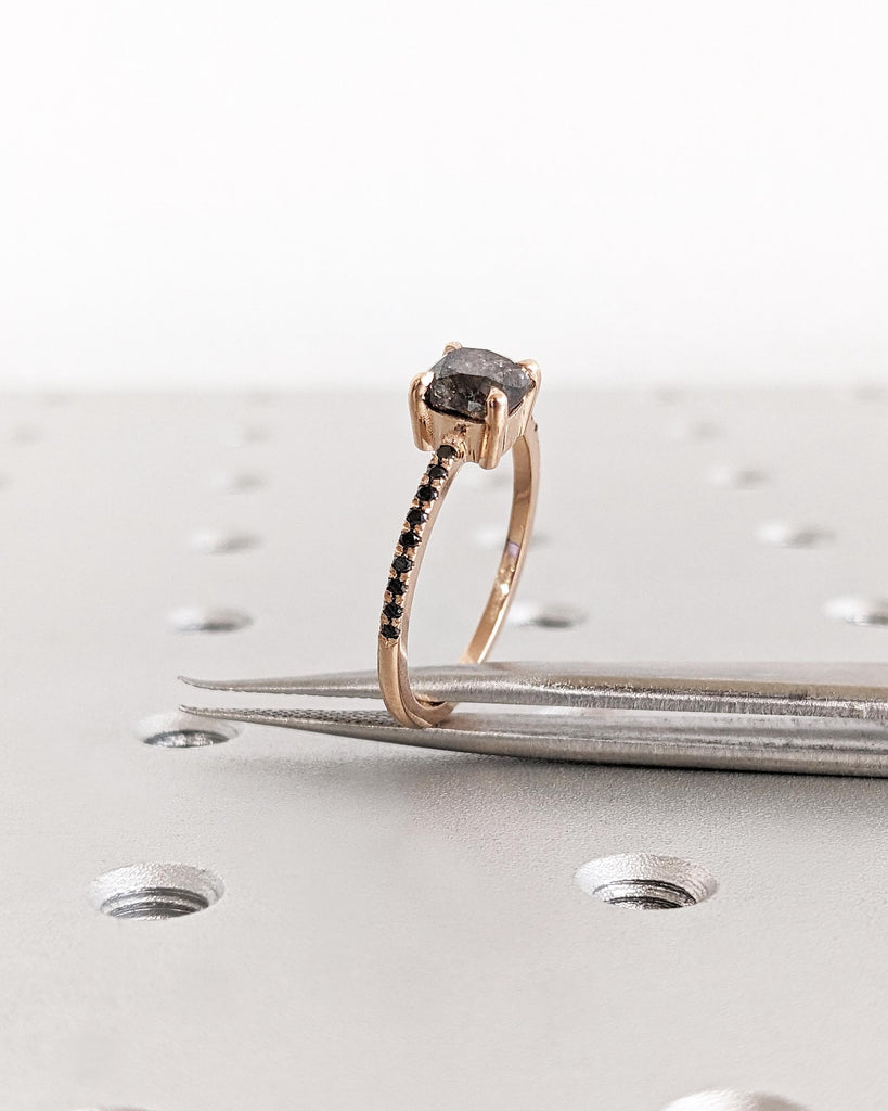 Art Deco 1920's Raw Salt and Pepper Diamond Ring | Cushion Diamond Ring | Unique Engagement Bridal | Black, Gray 14k Yellow, Rose White Gold