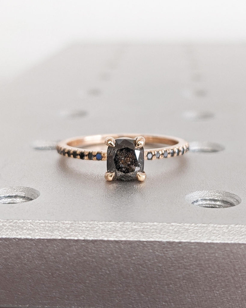 Art Deco 1920's Raw Salt and Pepper Diamond Ring | Cushion Diamond Ring | Unique Engagement Bridal | Black, Gray 14k Yellow, Rose White Gold