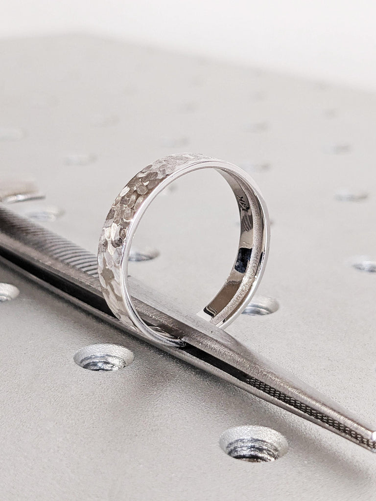 14K Solid White Gold Men Hammered Finished Engagement Ring, Vintage Textured finished Ring, Minimalist Men Wedding Ring, Anniversary Gift