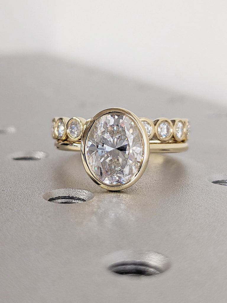 14K Yellow Gold Oval Moissanite Engagement Ring, Bezel Set Solitaire Wedding Ring, Vintage Stacking Bridal Ring, Classic Gold Ring for Her