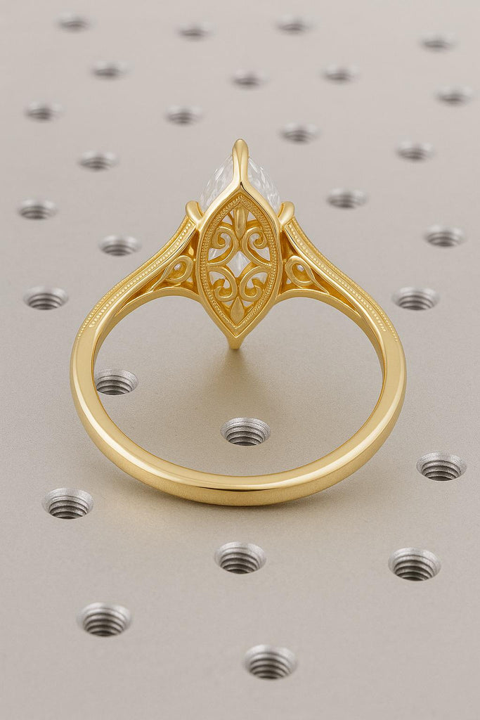 Solid Yellow Gold Marquise Cut Solitaire Ring | 2CT Marquise Cut IGI Certified Diamond Engagement Ring | Filigree Wedding Ring | 6 Prongs Anniversary Diamond Ring For Her