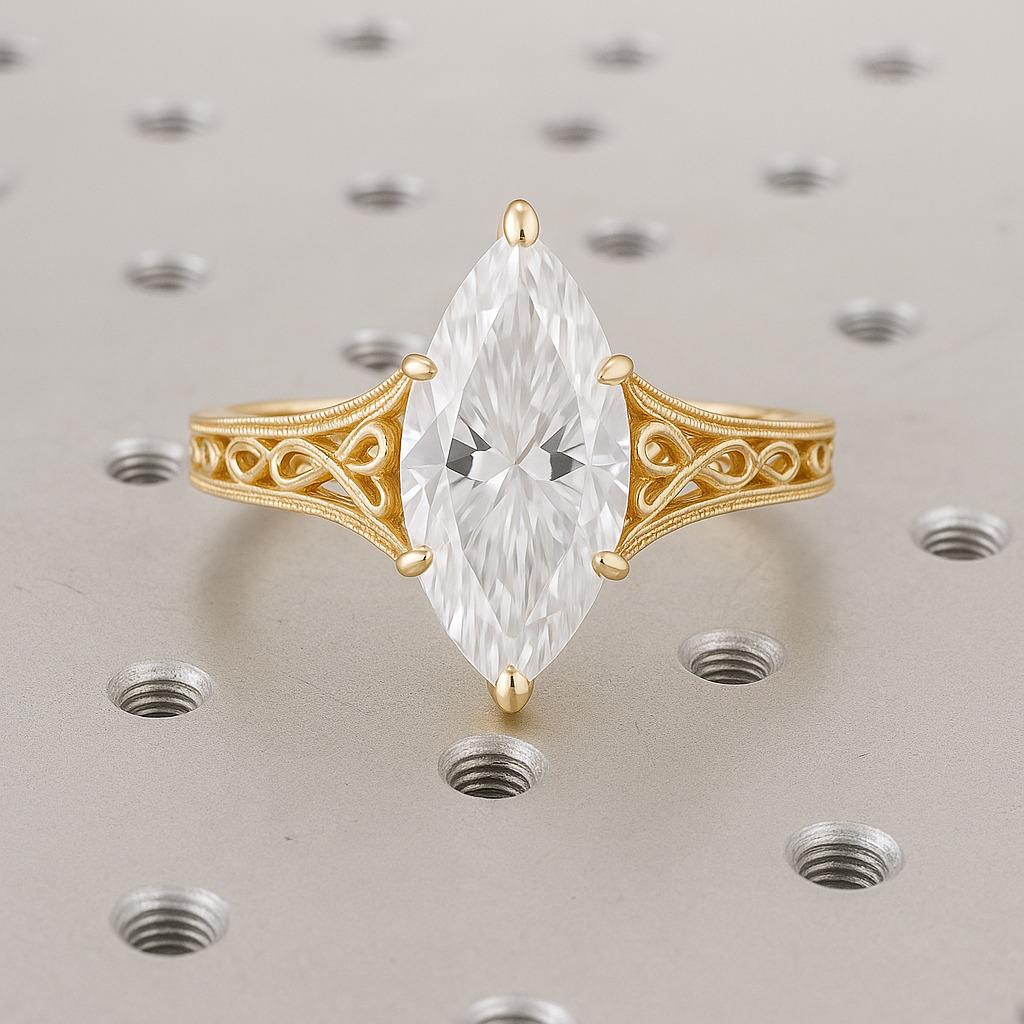 Marquise Cut Moissanite Ring | Solid Yellow Gold Marquise Cut Solitaire | Filigree Wedding Ring | 6 Prongs Anniversary Diamond Ring For Her