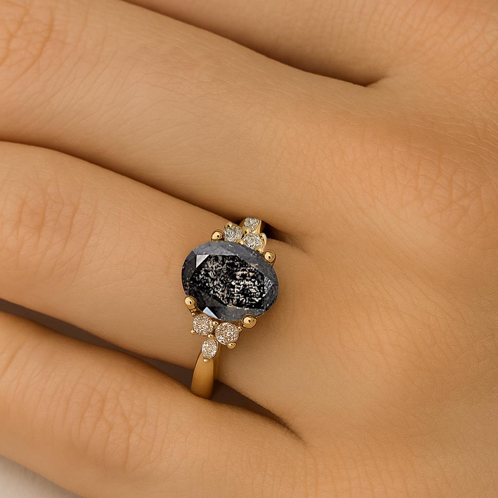 Oval Cut Diamond Engagement Ring, Vintage Salt and Pepper Ring