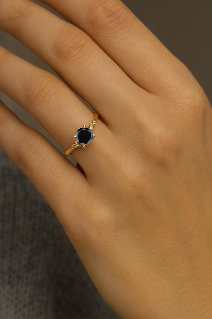 Round Black Diamond Ring, Solid Gold Ring, 0.5ct Diamond Engagement Ring