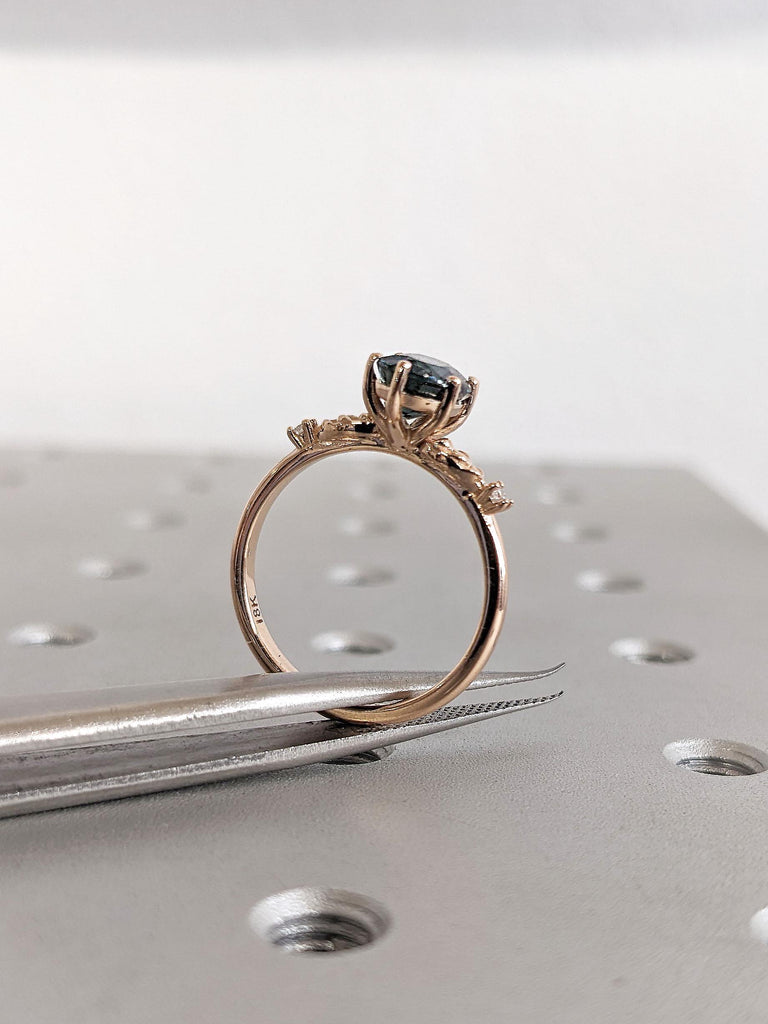 Oval cut Blue Green Sapphire and Diamond Engagement Ring | Nature Inspired Engagement Ring | 14k 18k Solid Gold Sapphire Ring Gift for Wife