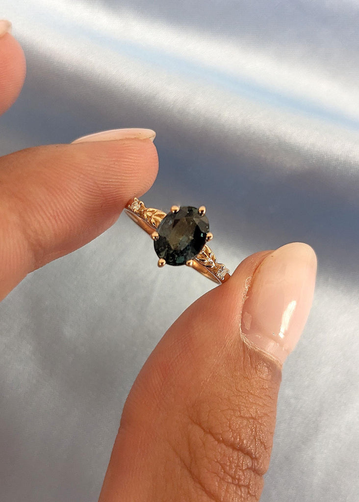 Oval cut Blue Green Sapphire and Diamond Engagement Ring | Nature Inspired Engagement Ring | 14k 18k Rose Gold Sapphire Ring Gift for Wife