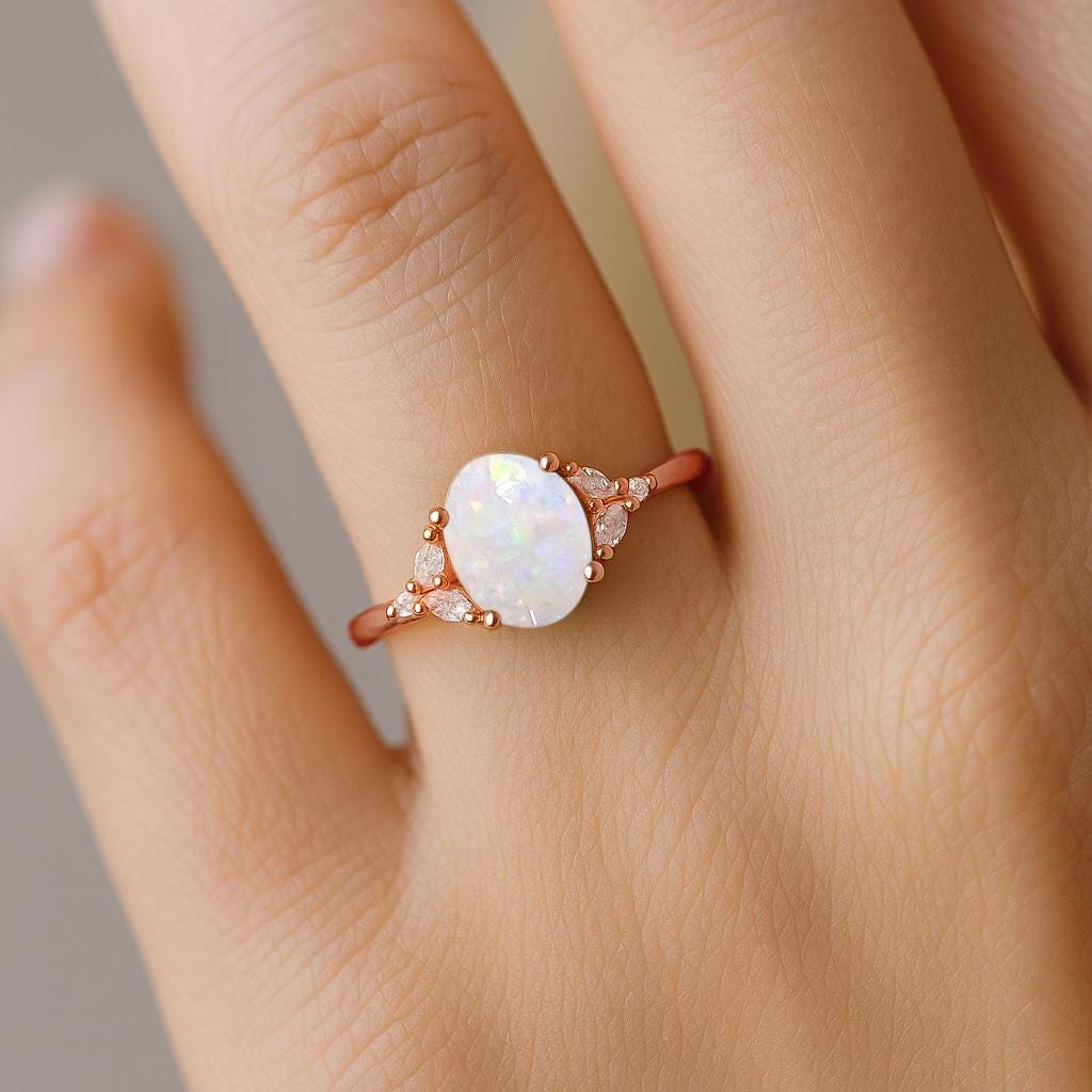 Classic Oval Natural Opal Engagement Ring with Cluster Marquise Diamond, 14K Rose Gold Wedding Ring, Unique Ring Stackable Rings For Women