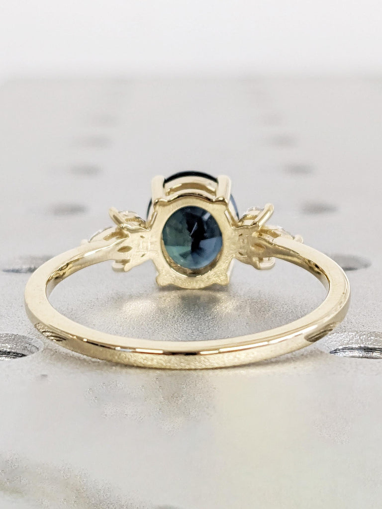 2ct Teal Sapphire Ring, Nature Inspired Engagement Ring, 14k Gold Marquise Diamond Cluster Ring, Oval Sapphire Anniversary Ring, Floral Ring
