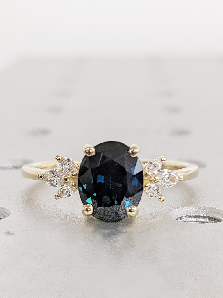 Art Deco Montana Sapphire Ring, Unique 14k Yellow Gold Wedding Ring, 2ct Oval Sapphire Engagement Ring, Nature Inspired Diamond Cluster Ring