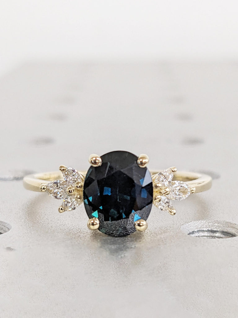 2ct Teal Sapphire Ring, Nature Inspired Engagement Ring, 14k Gold Marquise Diamond Cluster Ring, Oval Sapphire Anniversary Ring, Floral Ring