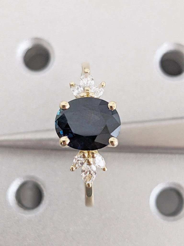 2ct Teal Sapphire Ring, Nature Inspired Engagement Ring, 14k Gold Marquise Diamond Cluster Ring, Oval Sapphire Anniversary Ring, Floral Ring