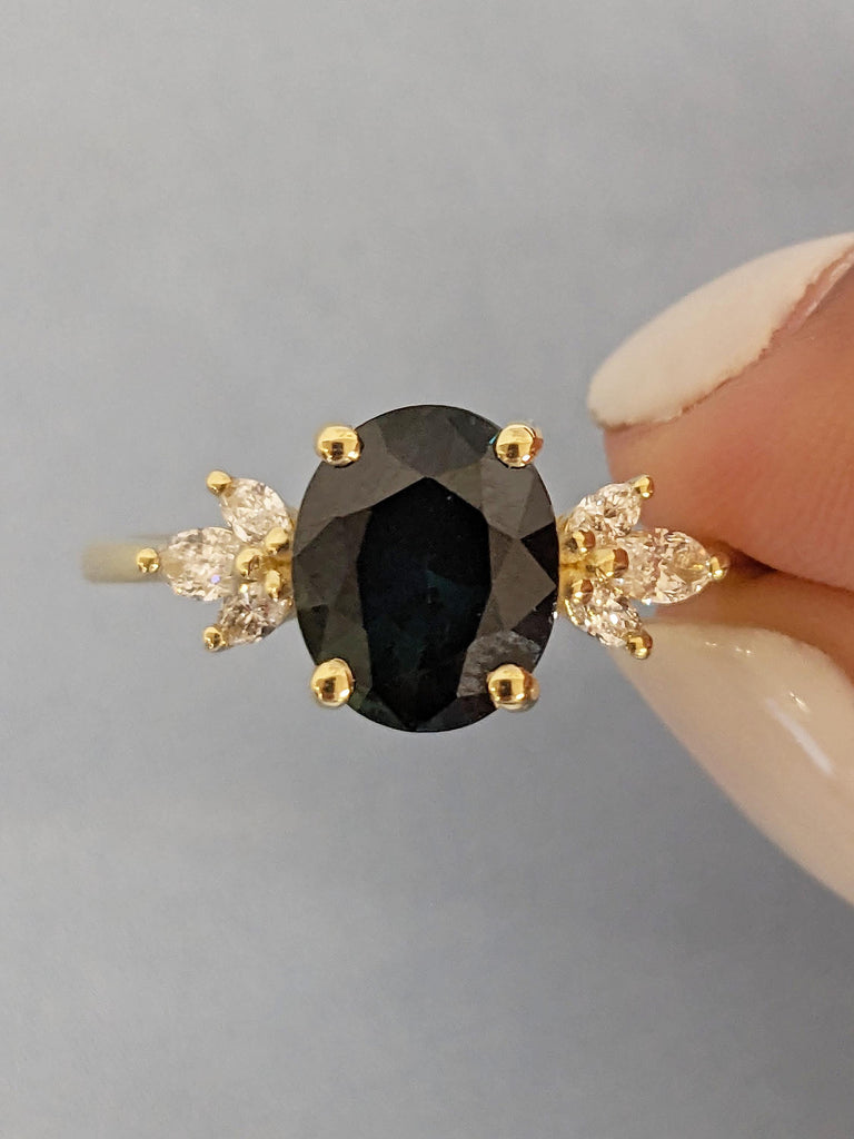 2ct Teal Sapphire Ring, Nature Inspired Engagement Ring, 14k Gold Marquise Diamond Cluster Ring, Oval Sapphire Anniversary Ring, Floral Ring