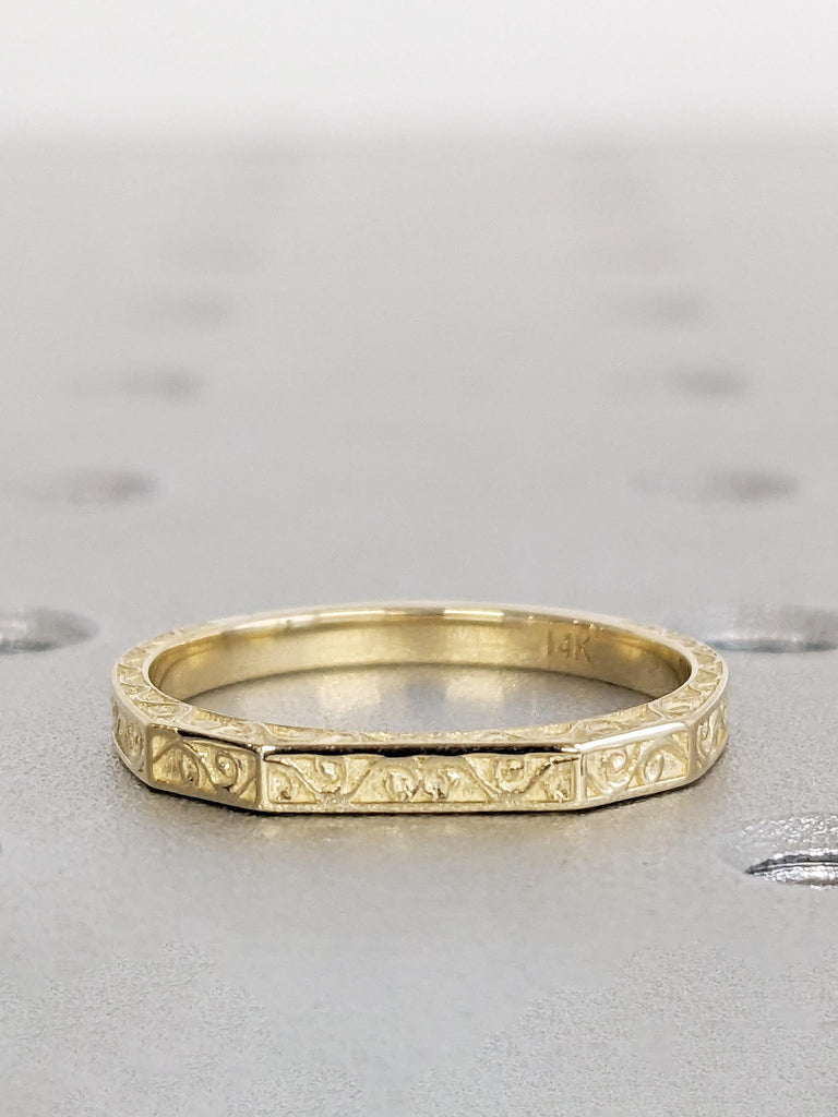 Vintage Flat Top Ring, Dainty 14k Gold Ring, Filigree Matching Ring, Gold Stacking Rings for Women, Unique Women Wedding Band, Gift for Wife
