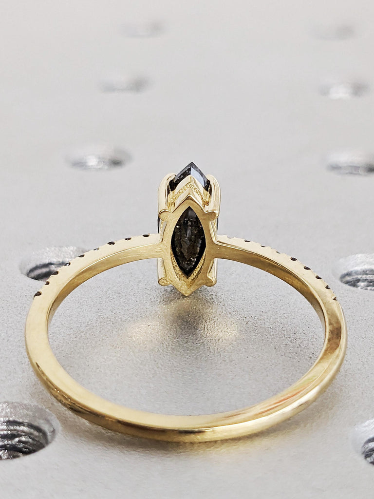 Vintage 14K Solid Yellow Gold Cosmic Salt and Pepper Diamond Engagement Ring, Marquise Cut Raw Diamond Wedding Ring, Unique Bridal Jewelry