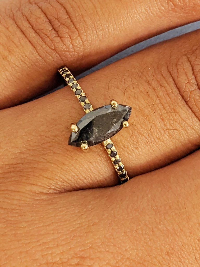 Marquise Cut Salt And Pepper Diamond Engagement Ring, Bold 14K Raw Diamond Wedding Ring, Goth Bridal Ring, Galaxy Salt & Pepper Promise Ring
